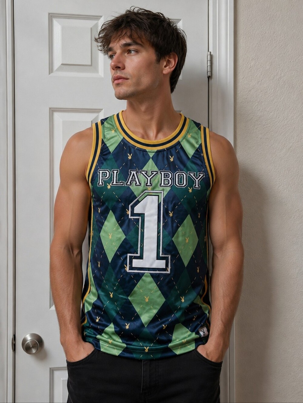 Playboy Argyle Basketball Jersey Men's Sz. Medium Nwt